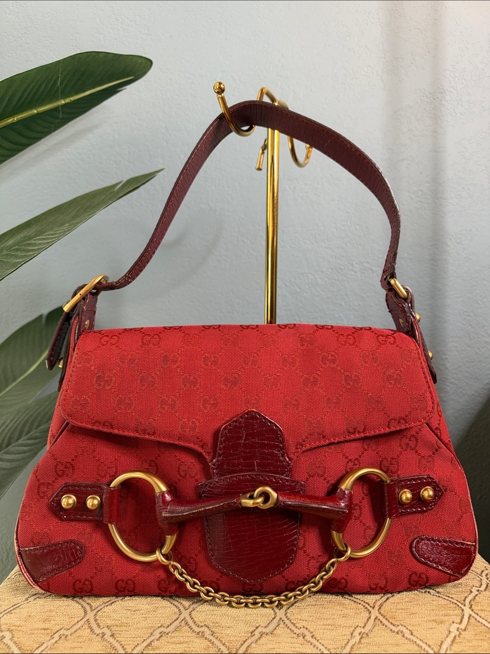 Gucci Red Canvas Shoulder Bag with Gold Horsebit Detail